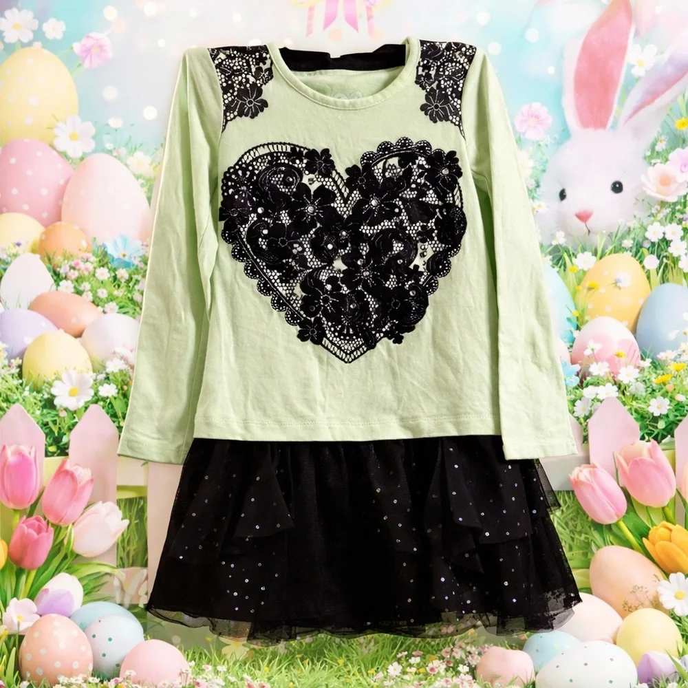 🌻 JUSTICE Girls frilly T-shirt dress long sleeves Green & black SZ 6 lace Heart